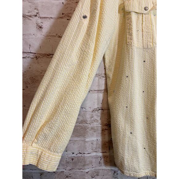 Quacker Factory Top Womens Large Yellow Striped Jewel Snap Up Beaded Button Up - Picture 13 of 13